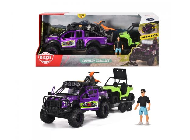 ست آفرود Dickie Toys همراه با ماشین Ford Raptor، موتور چهارچرخ و موتور سیکلت, image 