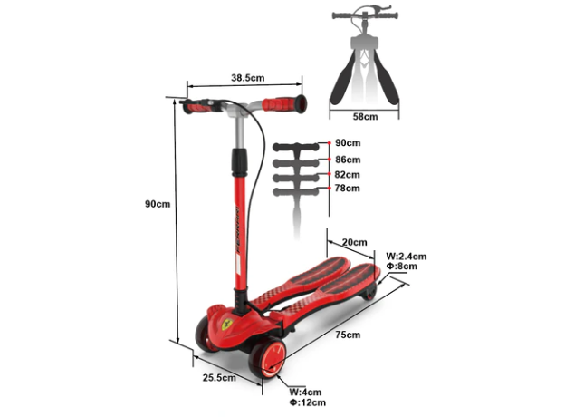 اسکوتر جمع شو Ferrari با چرخ های چراغ دار مدل قرمز, image 13