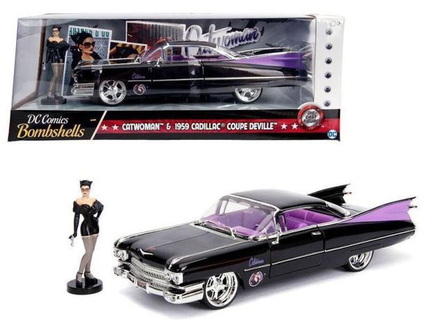 ماشین فلزی کادیلاک مدل 1959 Cadillac Coupe Deville و فیگور فلزی CatWoman با مقیاس 1:24, image 