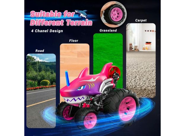 ماشین کنترلی 5 چرخ Shark Monster Truck طرح کوسه صورتی Crazon با مقیاس 1:14, image 4