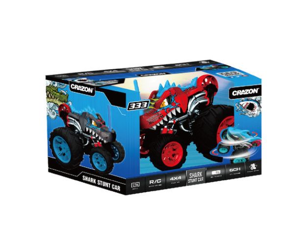 ماشین کنترلی 5 چرخ Shark Monster Truck طرح دایناسور قرمز Crazon با مقیاس 1:14, image 4