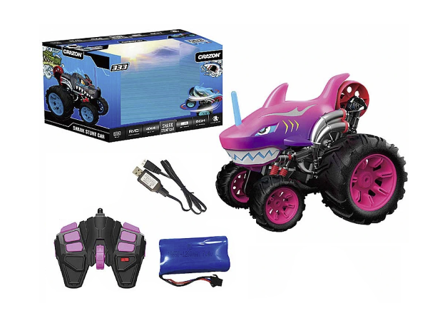 ماشین کنترلی 5 چرخ Shark Monster Truck طرح کوسه صورتی Crazon با مقیاس 1:14, image 