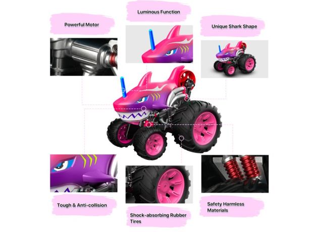 ماشین کنترلی 5 چرخ Shark Monster Truck طرح کوسه صورتی Crazon با مقیاس 1:14, image 7