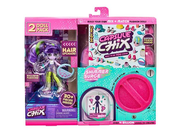 پک 2 تایی عروسک های فشن سورپرایزی Capsule Chix مدل Shimmer Surge با موهای بنفش, image 