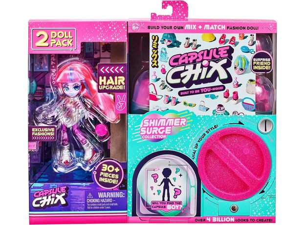 پک 2 تایی عروسک های فشن سورپرایزی Capsule Chix مدل Shimmer Surge با موهای صورتی, image 