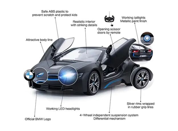 ماشین کنترلی بی ام و i8 Roadster مشکی راستار با مقیاس 1:12, image 3