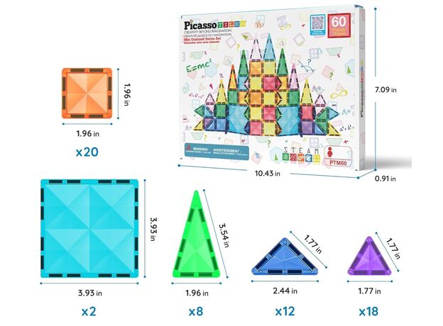 ست 60 عددی بلاک های ساختنی مغناطیسی سری مینی Picasso Tiles, image 