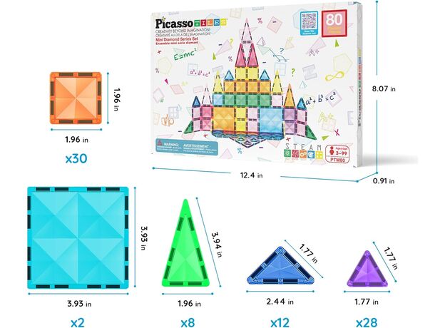 ست 80 عددی بلاک های ساختنی مغناطیسی سری مینی دایمند Picasso Tiles, image 