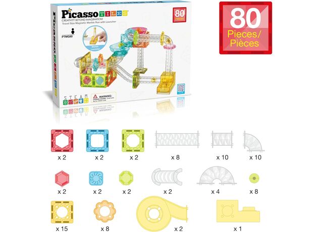 ست 80 عددی بلاک های ساختنی سری مسیر ماربل مینی به همراه لانچر Picasso Tiles, image 
