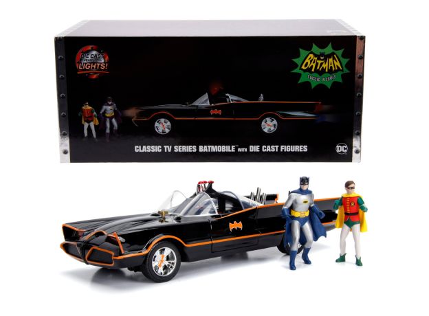 ماشین کلاسیک Batmobile و فیگورهای فلزی رابین و بتمن با مقیاس 1:18, image 